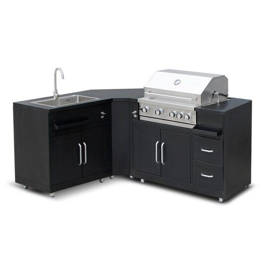 Cuisine extérieure en métal d'angle avec évier, barbecue et rangements - 3 modules | Oviala
