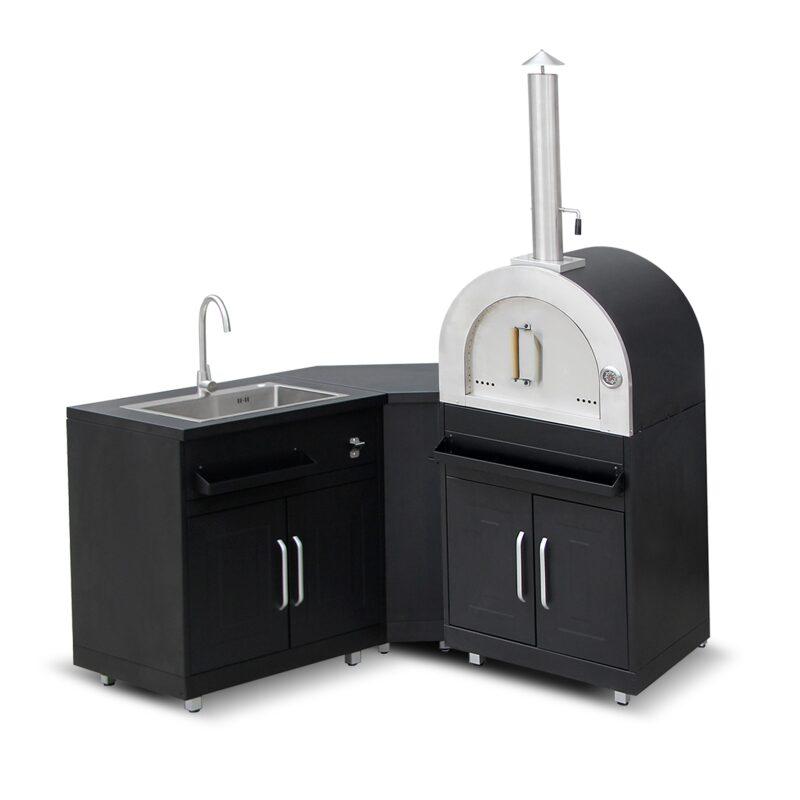 Cuisine extérieure acier 3 éléments avec four à pizza