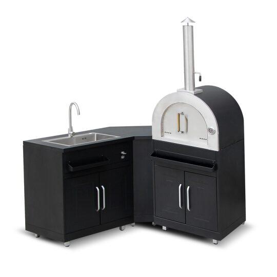 Cuisine extérieure en métal d'angle avec évier, four à pizza et rangements - 3 modules | Oviala