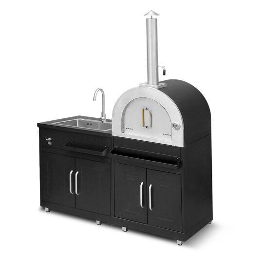 Cuisine extérieure en métal avec évier et four à pizza - 2 modules | Oviala