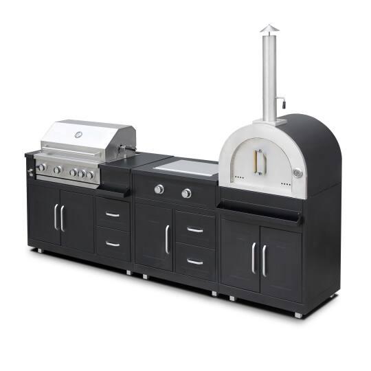 Cuisine extérieure en métal avec four à pizza, gazinière, barbecue et rangements - 3 modules | Oviala