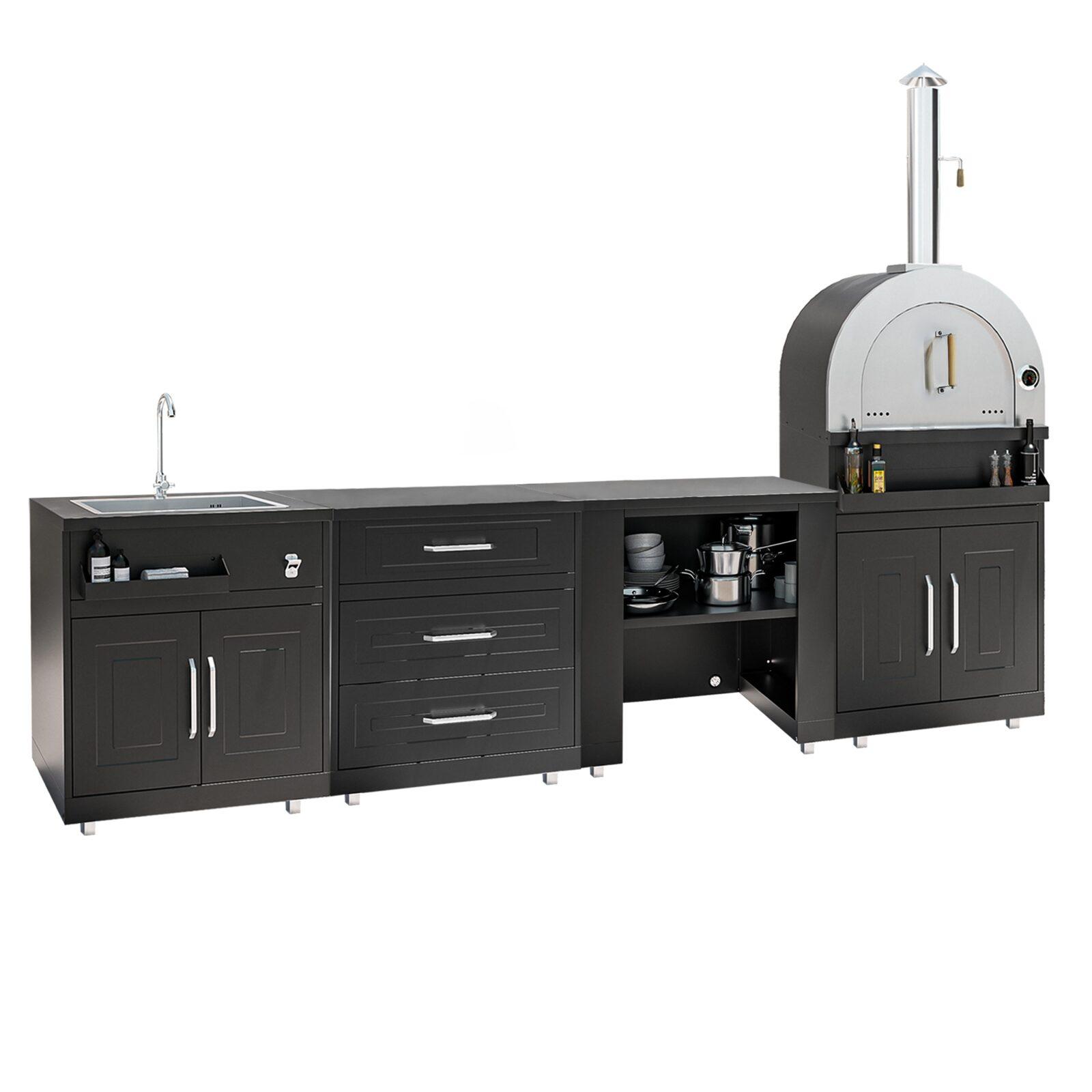 Cuisine extérieure acier 4 éléments avec four à pizza