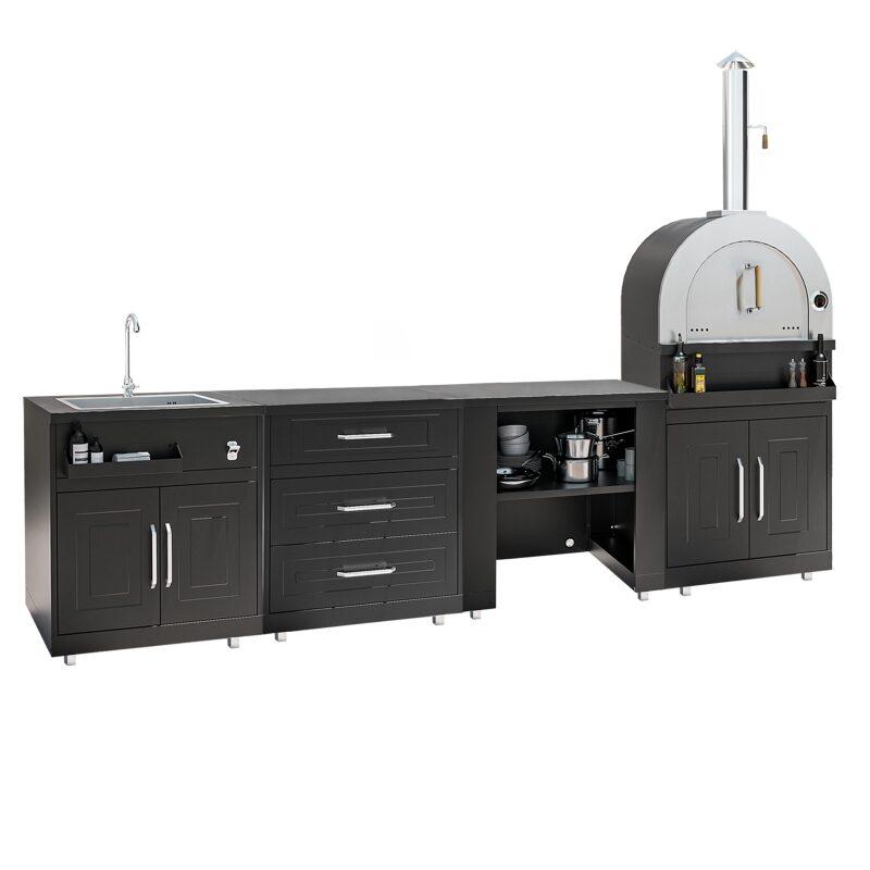 Cuisine extérieure acier 4 éléments avec four à pizza