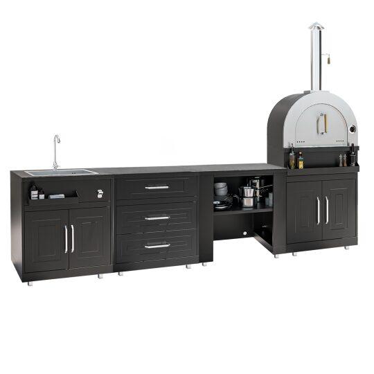 Cuisine extérieure en métal avec évier, four à pizza et rangements - 4 modules | Oviala