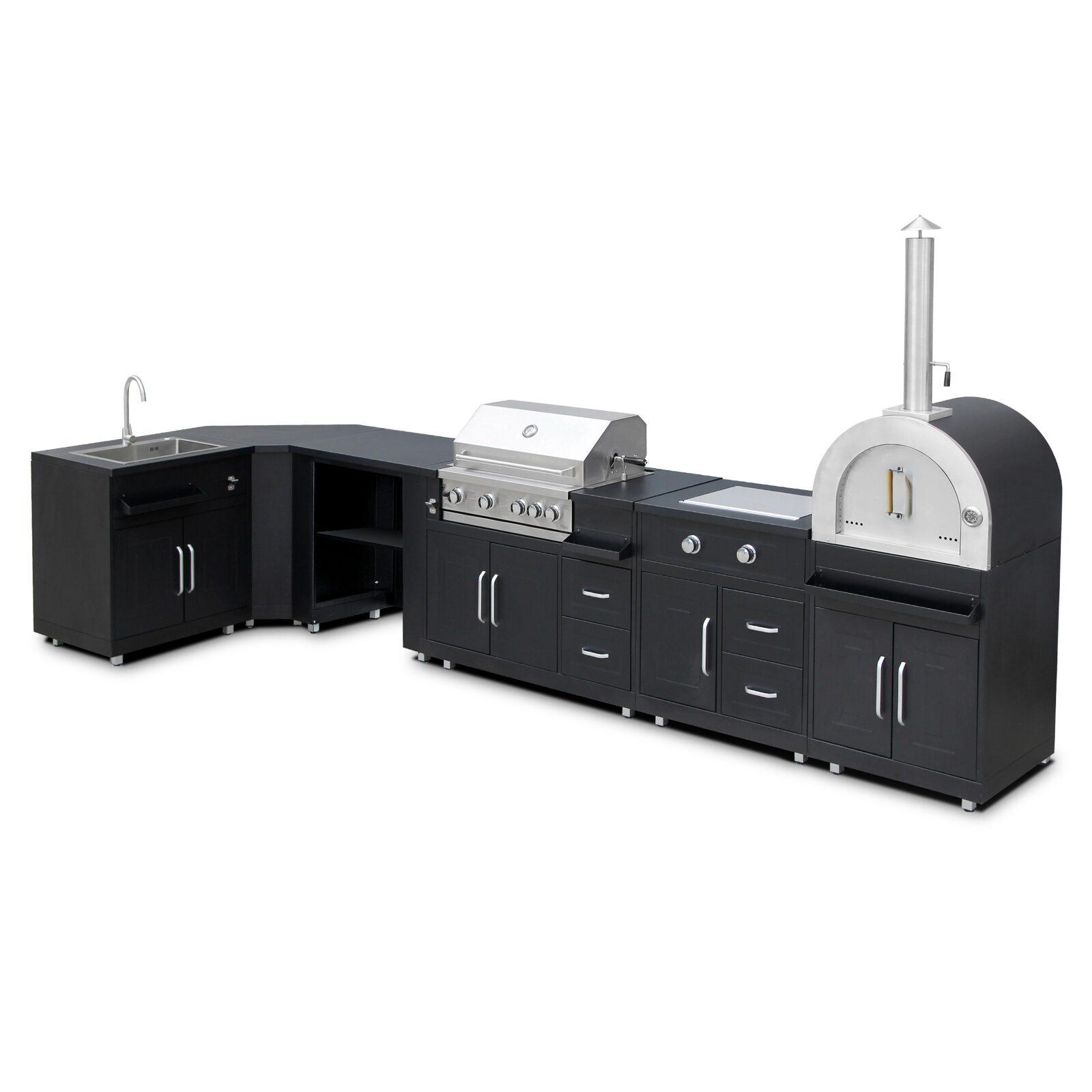 Cuisine extérieure d'angle acier 6 éléments dont 3 modules de cuisson et évier