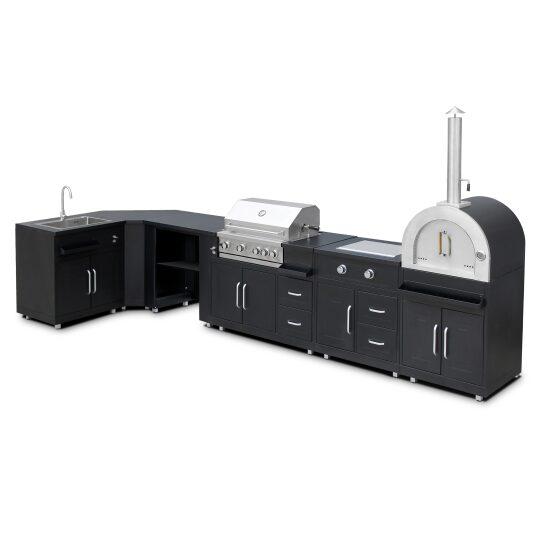 Cuisine extérieure en métal d'angle avec four à pizza, gazinière, barbecue et rangements - 6 modules | Oviala