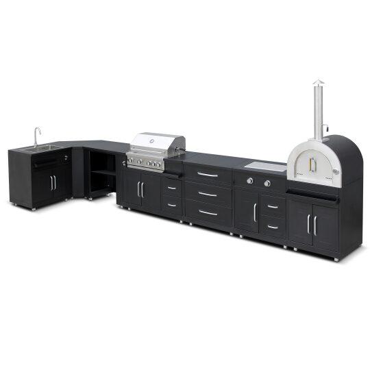 Cuisine extérieure en métal d'angle avec évier, four à pizza, gazinière, barbecue et rangements - 7 modules | Oviala