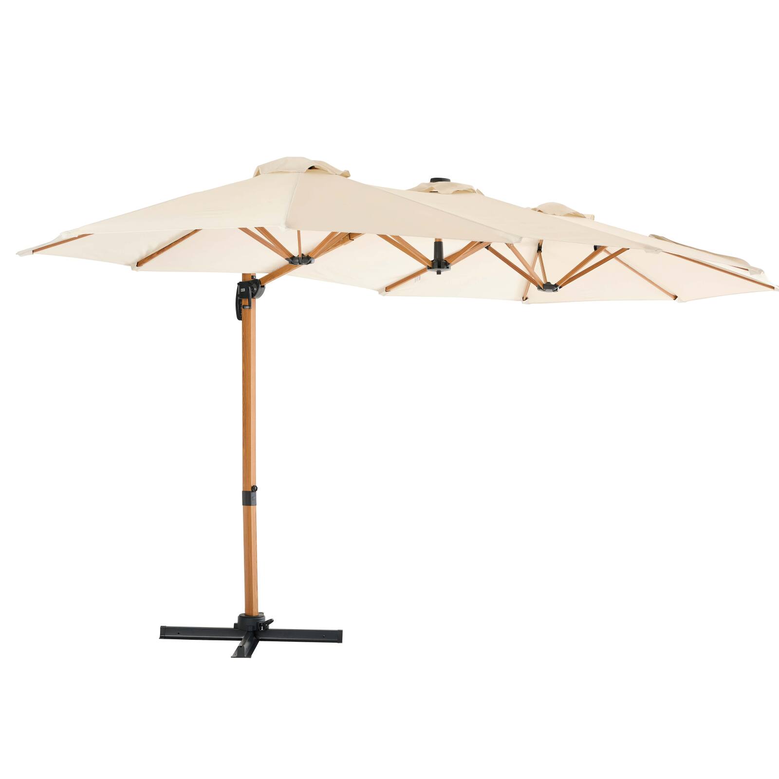 Parasol déporté 3 têtes (4,5 x 2,65 m) avec mât rotatif 360° effet bois et housse de protection
