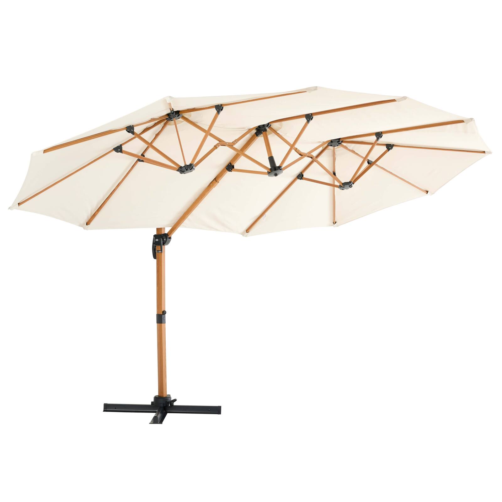 Parasol déporté 3 têtes (4,5 x 2,65 m) avec mât rotatif 360° effet bois et housse de protection