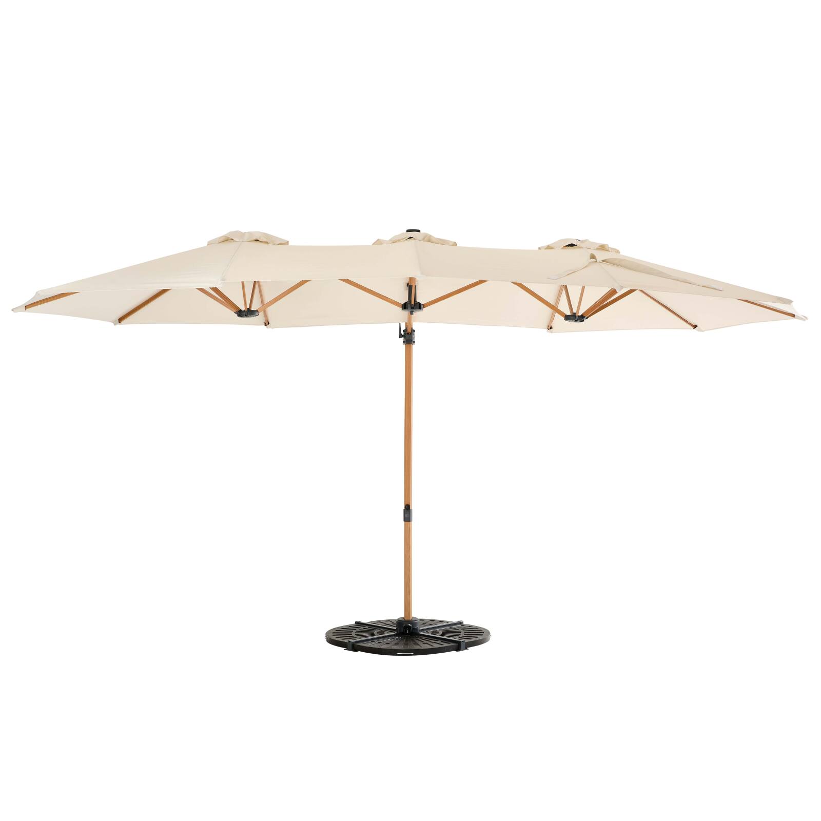 Parasol déporté 3 têtes (4,5 x 2,65 m) avec mât rotatif 360° effet bois et housse de protection