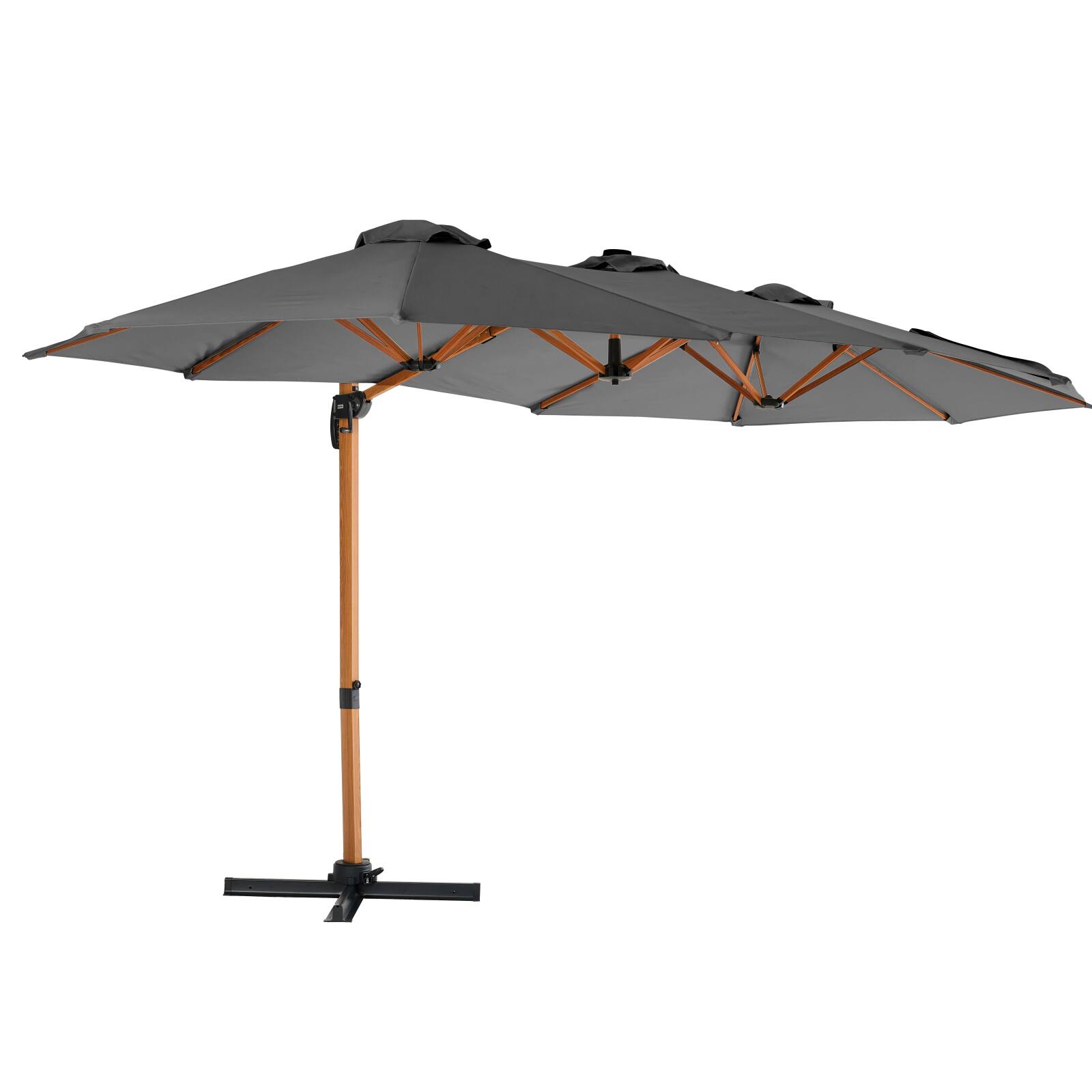 Parasol déporté 3 têtes (4,5 x 2,65 m) avec mât rotatif 360° effet bois et housse de protection Parasol déporté 3 têtes (4,5 x 2,65 m) avec mât rotatif 360° effet bois et housse de protection