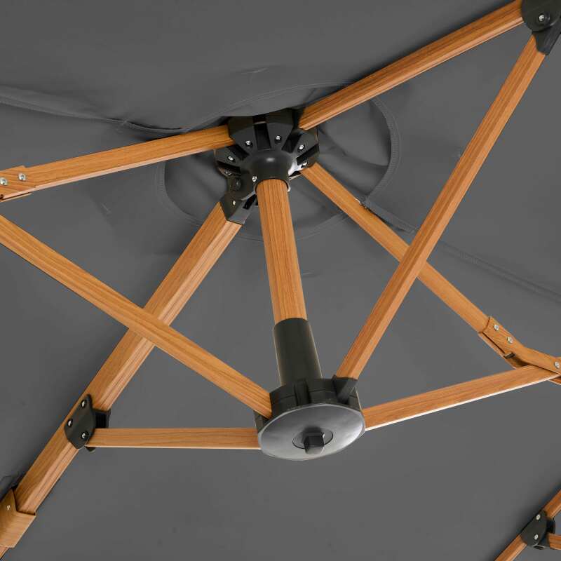 Parasol déporté 3 têtes (4,5 x 2,65 m) avec mât rotatif 360° effet bois et housse de protection