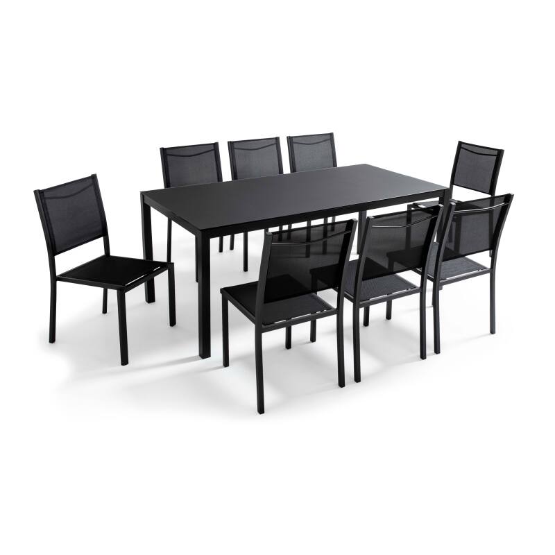 Table de jardin rectangulaire 182 x 90 cm et 8 chaises en aluminium avec plateau en verre de sécurité