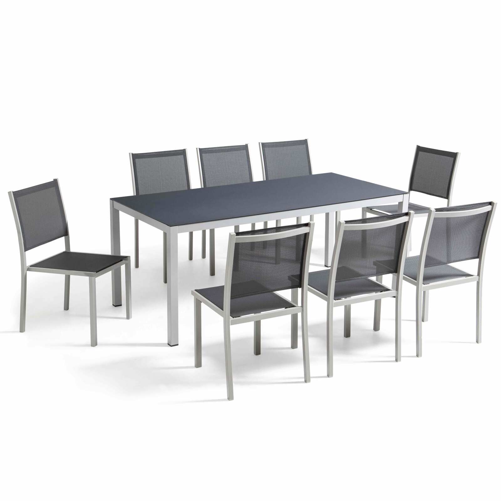 Table de jardin rectangulaire 182 x 90 cm et 8 chaises en aluminium avec plateau en verre de sécurité