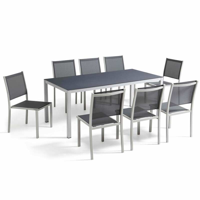 Table de jardin rectangulaire 182 x 90 cm et 8 chaises en aluminium avec plateau en verre de sécurité
