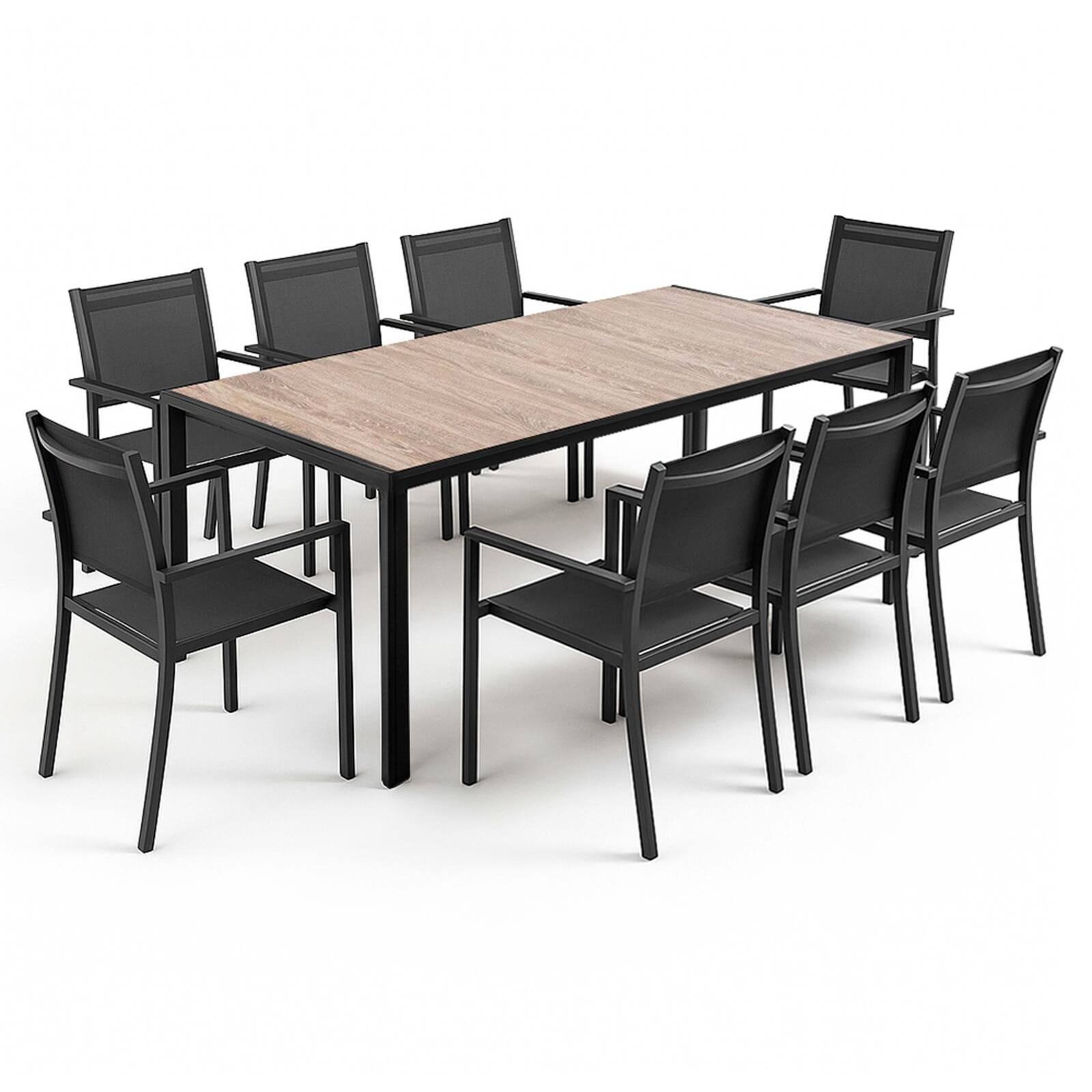 Table de jardin en aluminium effet bois 206X100X74 cm et 8 chaises avec accoudoirs