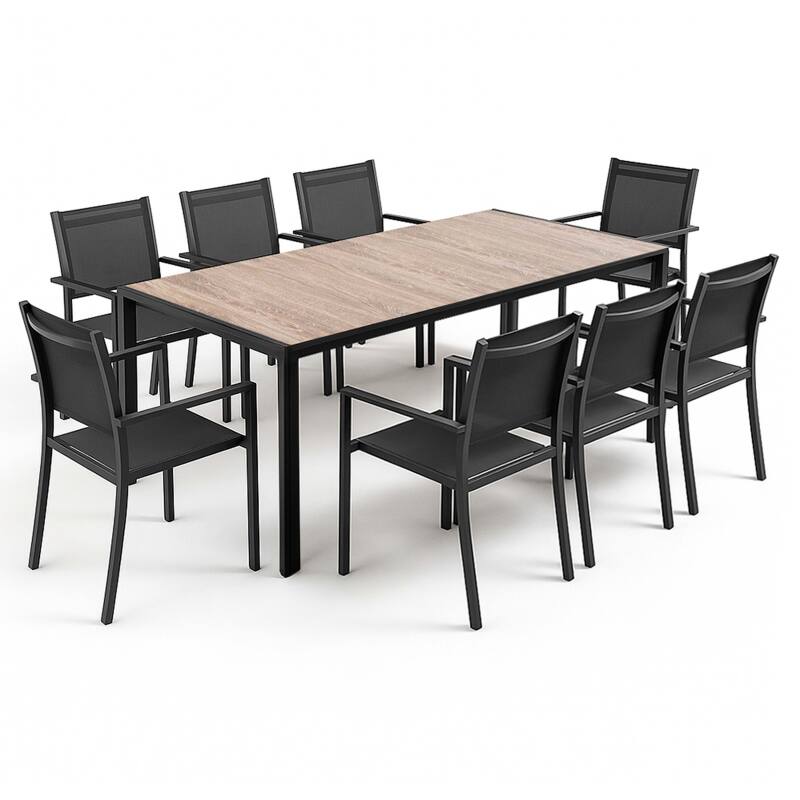 Table de jardin en aluminium effet bois 206X100X74 cm et 8 chaises avec accoudoirs