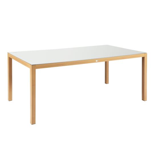 Table de jardin rectangulaire en aluminium effet bois avec plateau en verre trempé (180 x 90 x 74 cm)