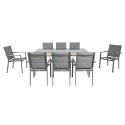 Table de jardin en aluminium effet bois et verre trempé 180x90 cm et 8 chaises avec accoudoirs en textilène