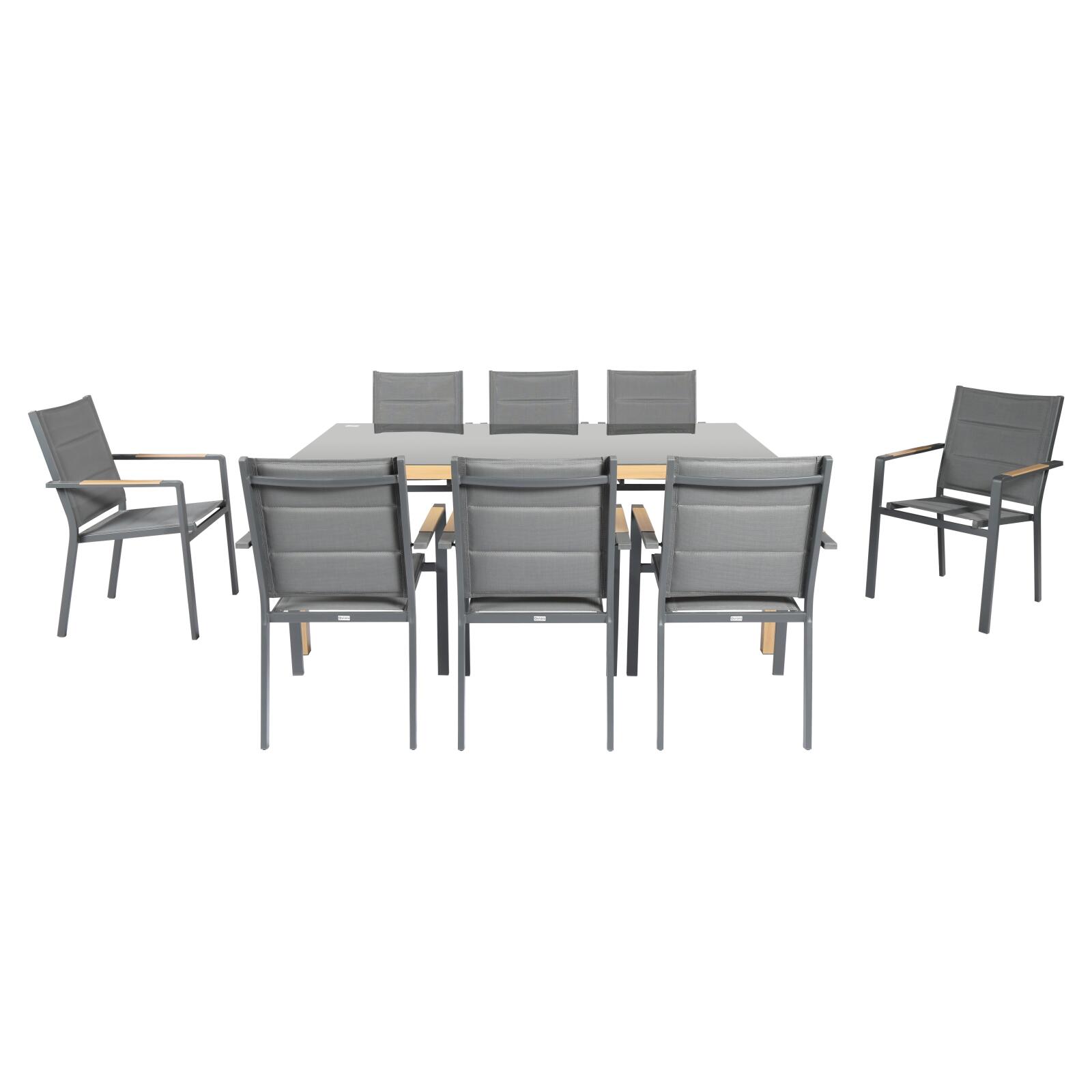 Table de jardin en aluminium effet bois et verre trempé 180x90 cm et 8 chaises avec accoudoirs en textilène