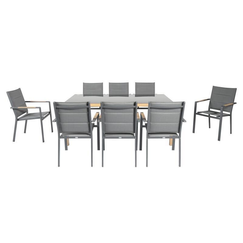 Table de jardin en aluminium effet bois et verre trempé 180x90 cm et 8 chaises avec accoudoirs en textilène