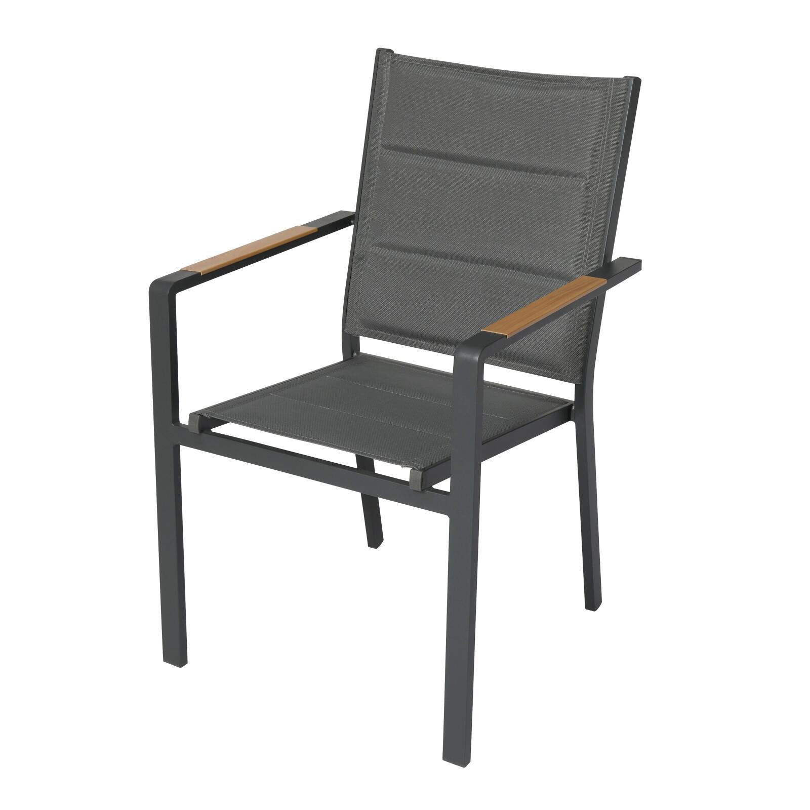 Table de jardin en aluminium effet bois et verre trempé 180x90 cm et 8 chaises avec accoudoirs en textilène