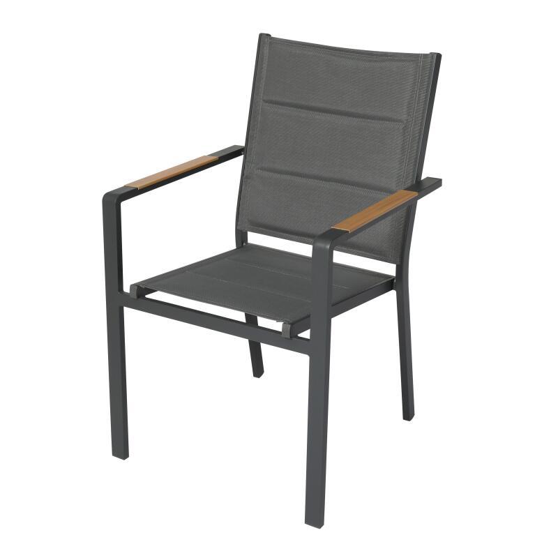 Table de jardin en aluminium effet bois et verre trempé 180x90 cm et 8 chaises avec accoudoirs en textilène