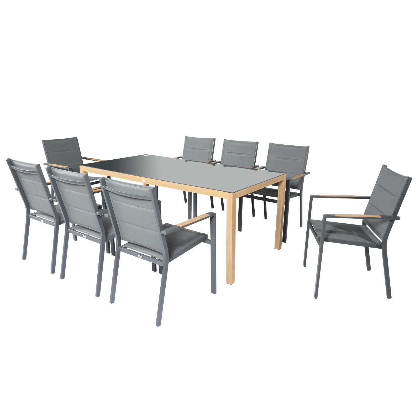 Table de jardin en aluminium effet bois et verre trempé 180x90 cm et 8 chaises avec accoudoirs en textilène