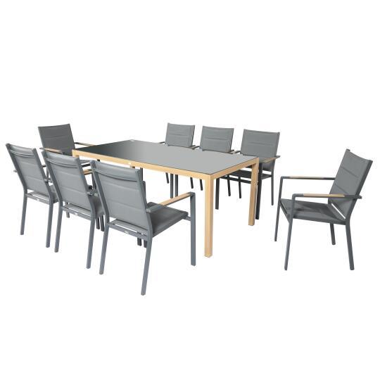 Table de jardin en aluminium effet bois et verre trempé 180x90 cm et 8 chaises avec accoudoirs en textilène