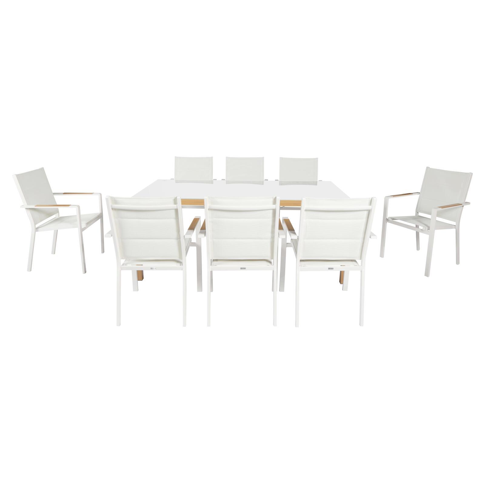 Table de jardin en aluminium effet bois et verre trempé 180x90 cm et 8 chaises avec accoudoirs en textilène