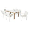 Table de jardin en aluminium effet bois et verre trempé 180x90 cm et 8 chaises avec accoudoirs en textilène