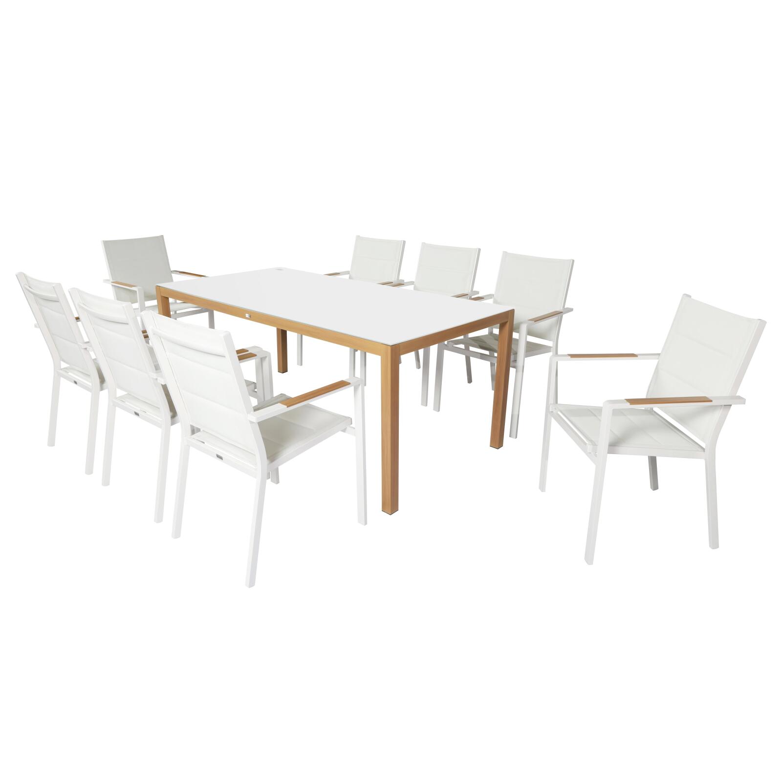 Table de jardin en aluminium effet bois et verre trempé 180x90 cm et 8 chaises avec accoudoirs en textilène
