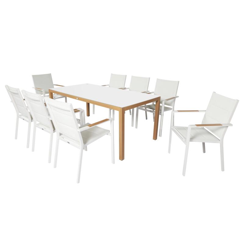 Table de jardin en aluminium effet bois et verre trempé 180x90 cm et 8 chaises avec accoudoirs en textilène