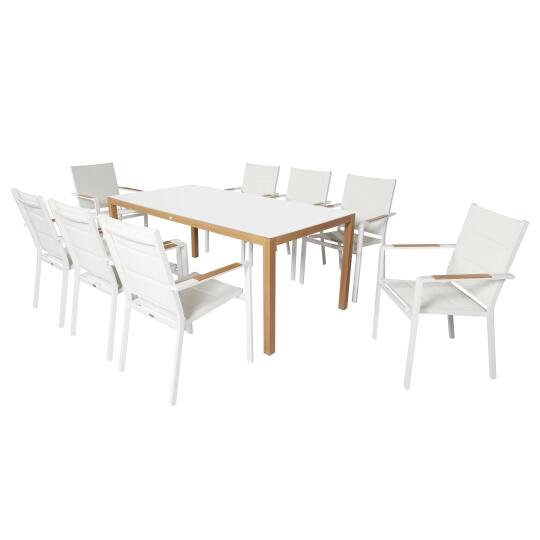 Table de jardin rectangulaire en aluminium effet bois 180 x 90 x 74 cm et 8 chaises avec accoudoirs | Oviala