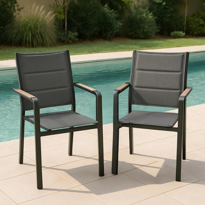 Chaise de jardin en aluminium et textilène avec accoudoirs - Lot de 2