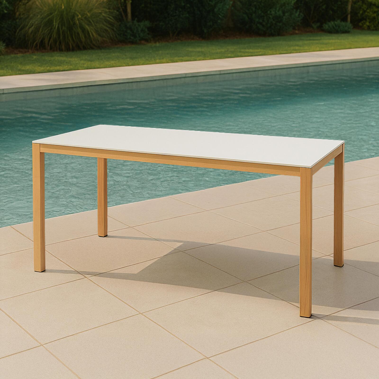 Table de jardin rectangulaire en aluminium effet bois avec plateau en verre trempé (180 x 90 x 74 cm)
