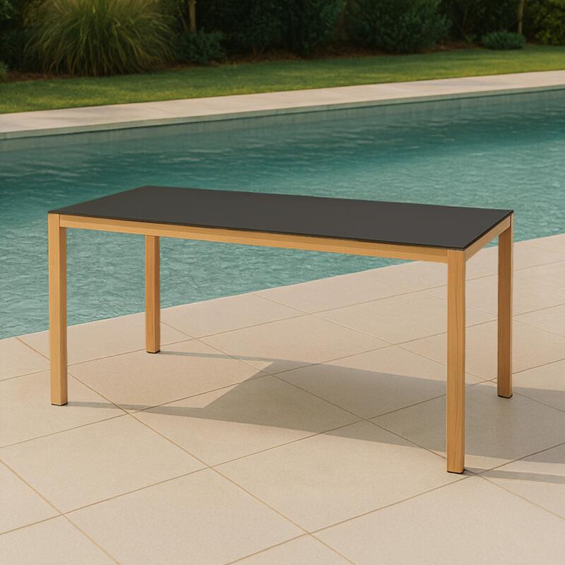 Table de jardin rectangulaire en aluminium effet bois avec plateau en verre trempé (180 x 90 x 74 cm)