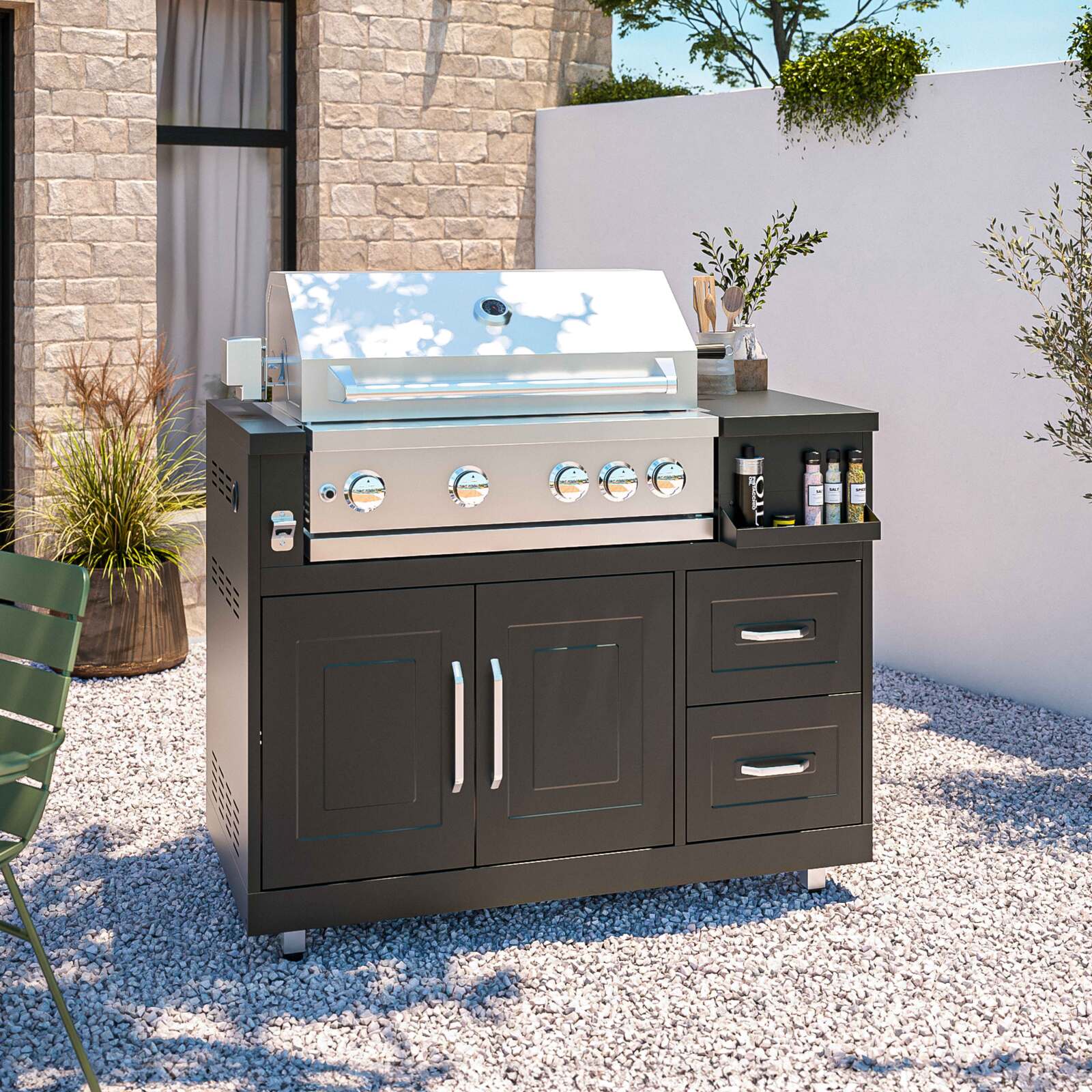 Cuisine extérieure en métal avec évier, barbecue et rangement - 2 modules