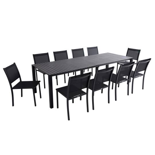 Table de jardin extensible en aluminium 52/260x100 cm et 10 chaises en textilène