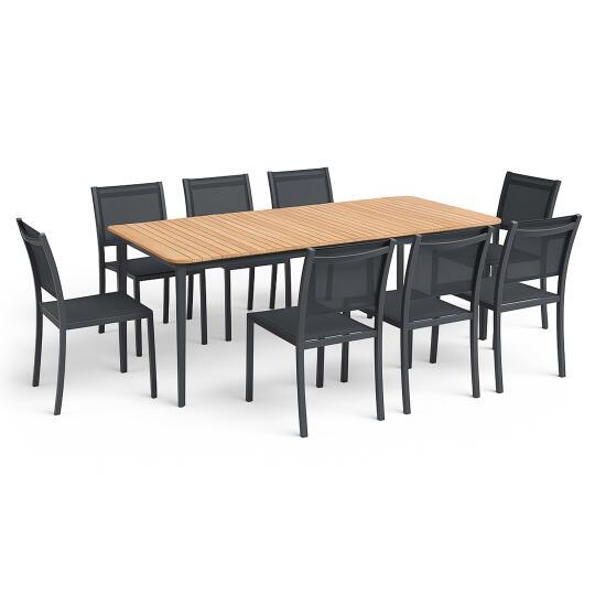 Table de jardin rectangulaire en aluminium/teck 200 x 100 cm et 8 chaises
