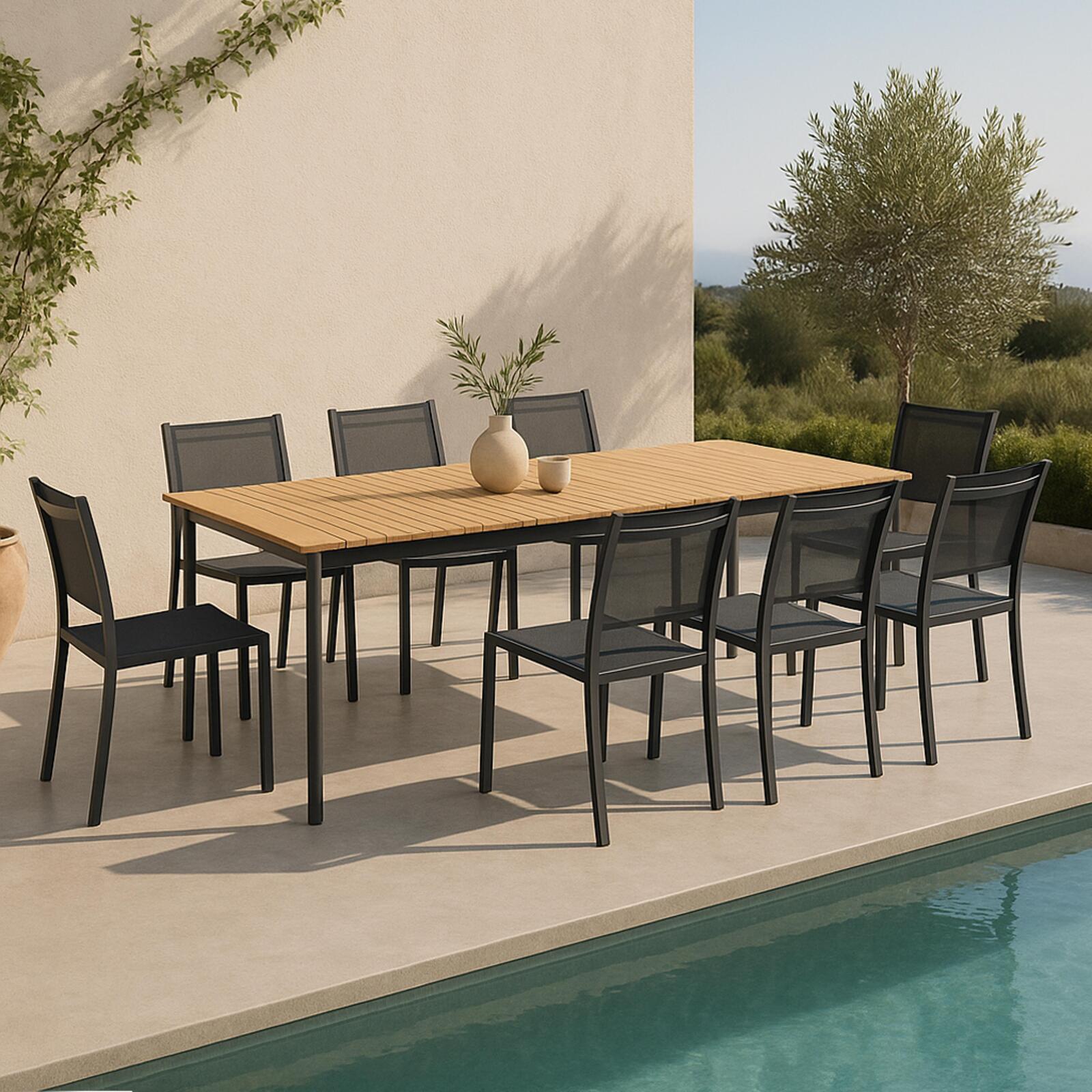 Table de jardin rectangulaire en aluminium/teck 200 x 100 cm et 8 chaises