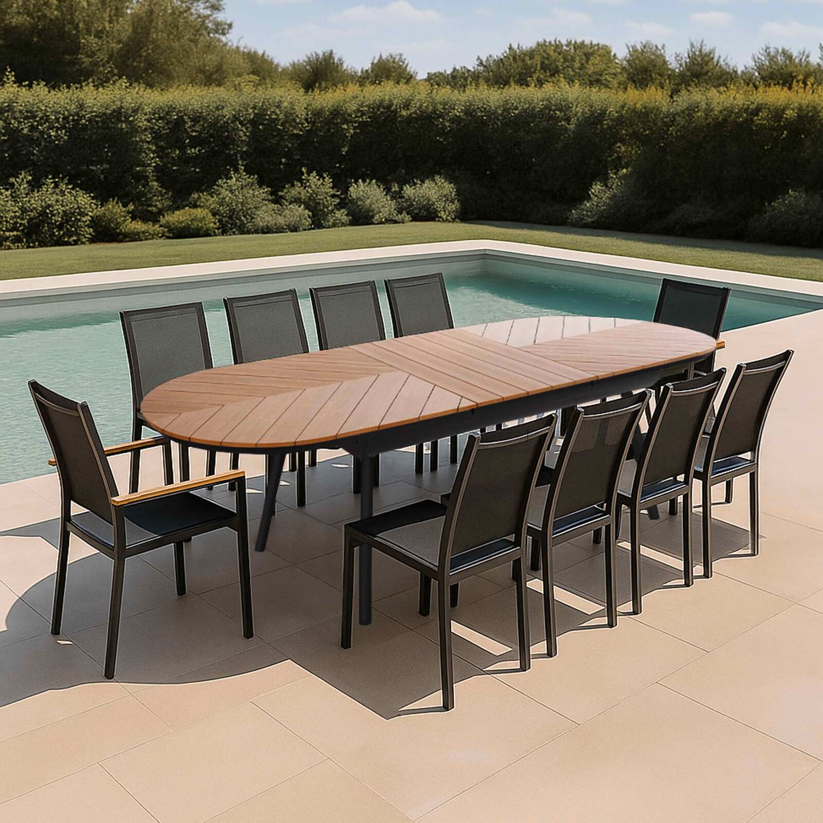 Table de jardin extensible en polywood et aluminium 220/280x100 cm et 10 chaises en textilène