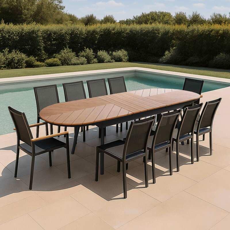 Table de jardin extensible en polywood et aluminium 220/280x100 cm et 10 chaises en textilène