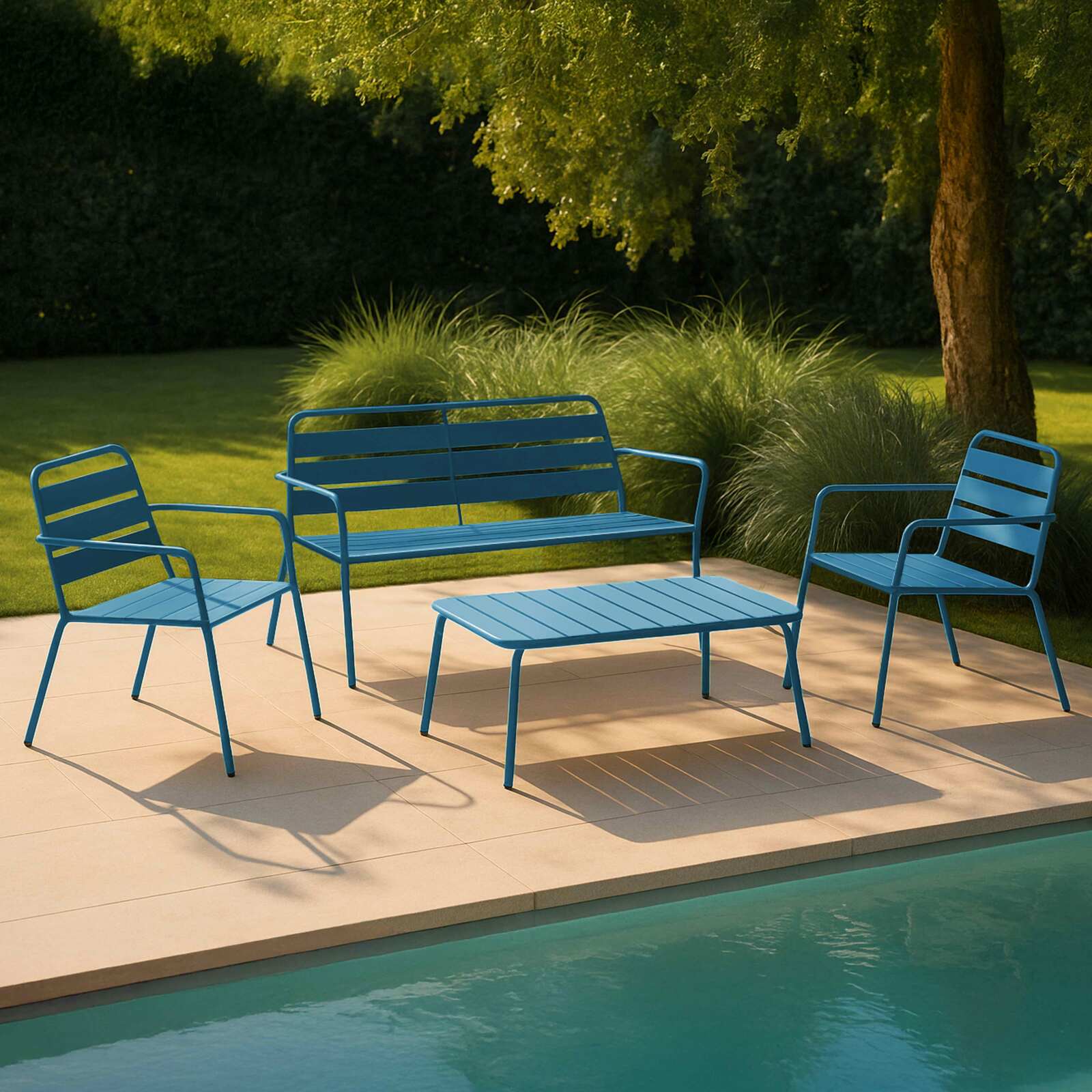 Salon de jardin 4 places en métal, 1 table basse, 2 fauteuils, 1 canapé