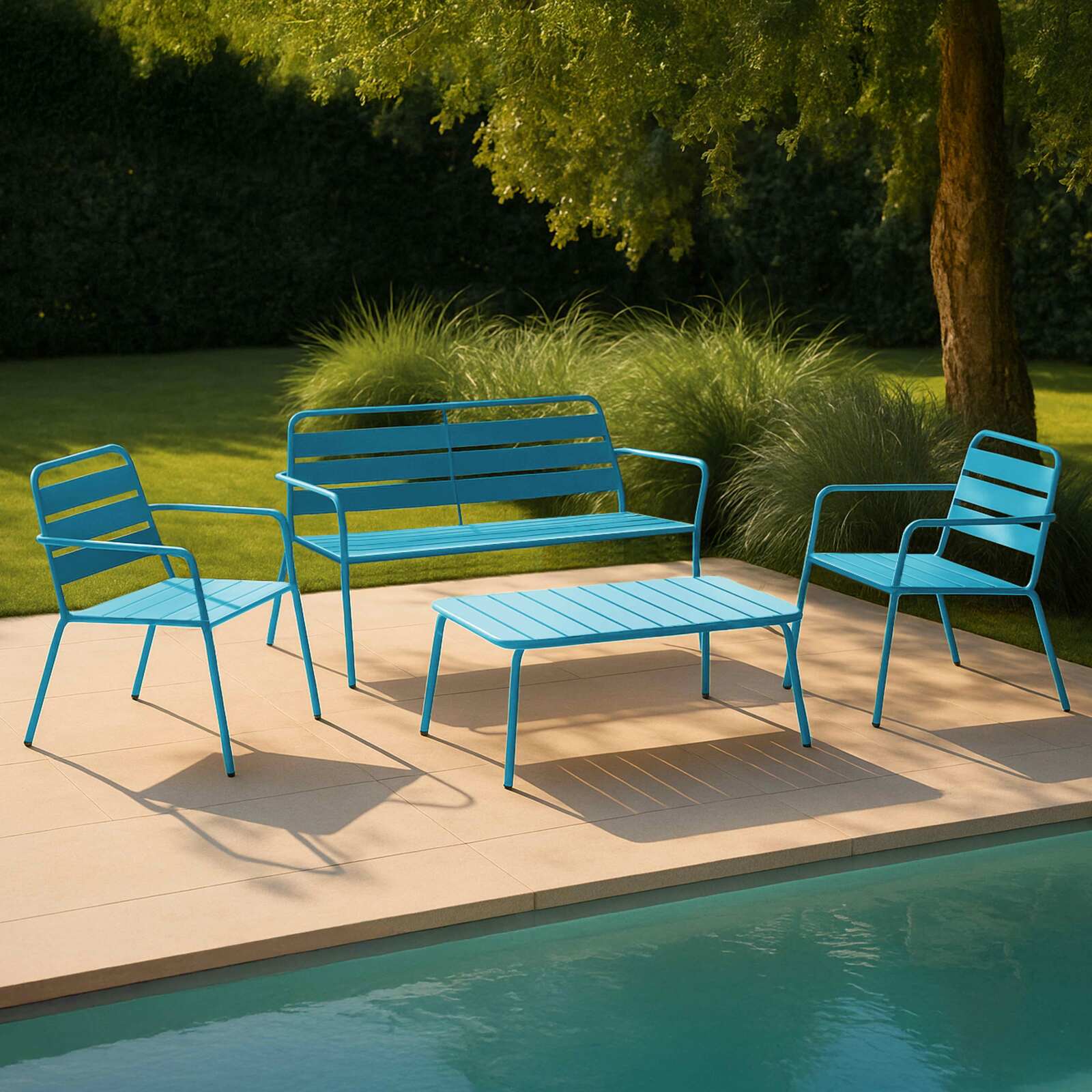 Salon de jardin 4 places en métal, 1 table basse, 2 fauteuils, 1 canapé