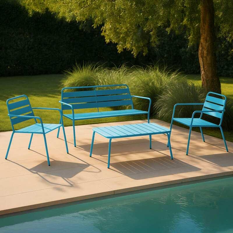 Salon de jardin 4 places en métal, 1 table basse, 2 fauteuils, 1 canapé
