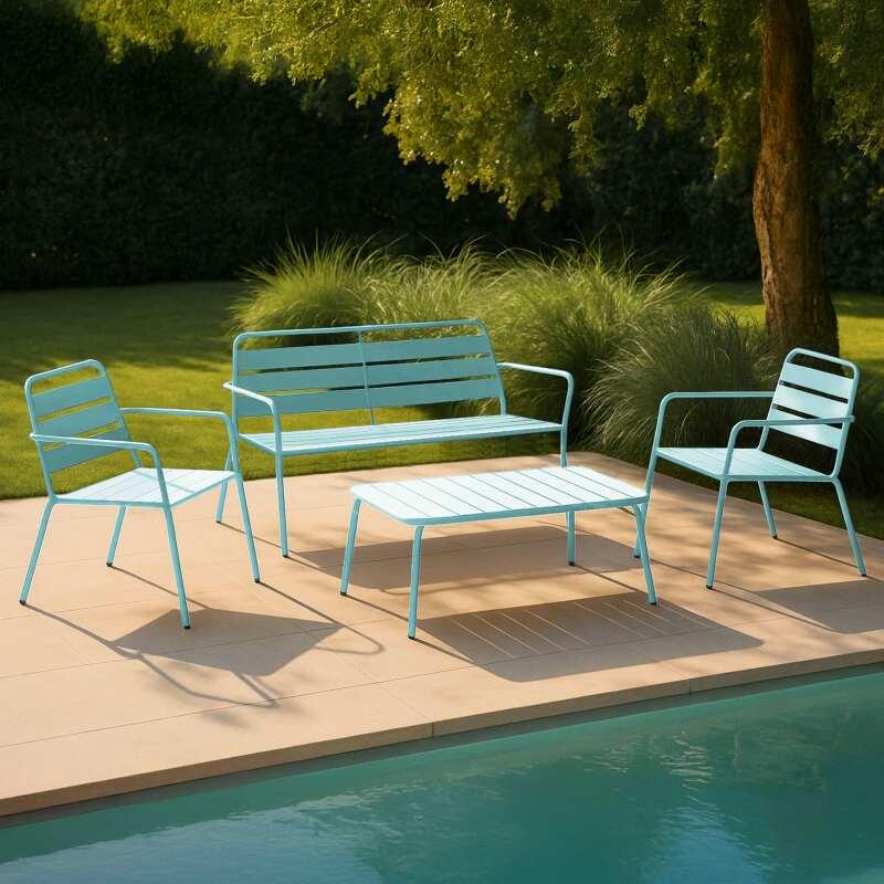 Salon de jardin 4 places en métal, 1 table basse, 2 fauteuils, 1 canapé