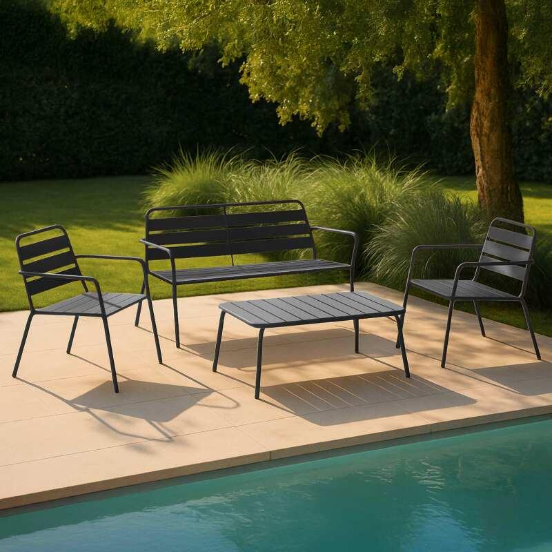 Salon de jardin 4 places en métal, 1 table basse, 2 fauteuils, 1 canapé