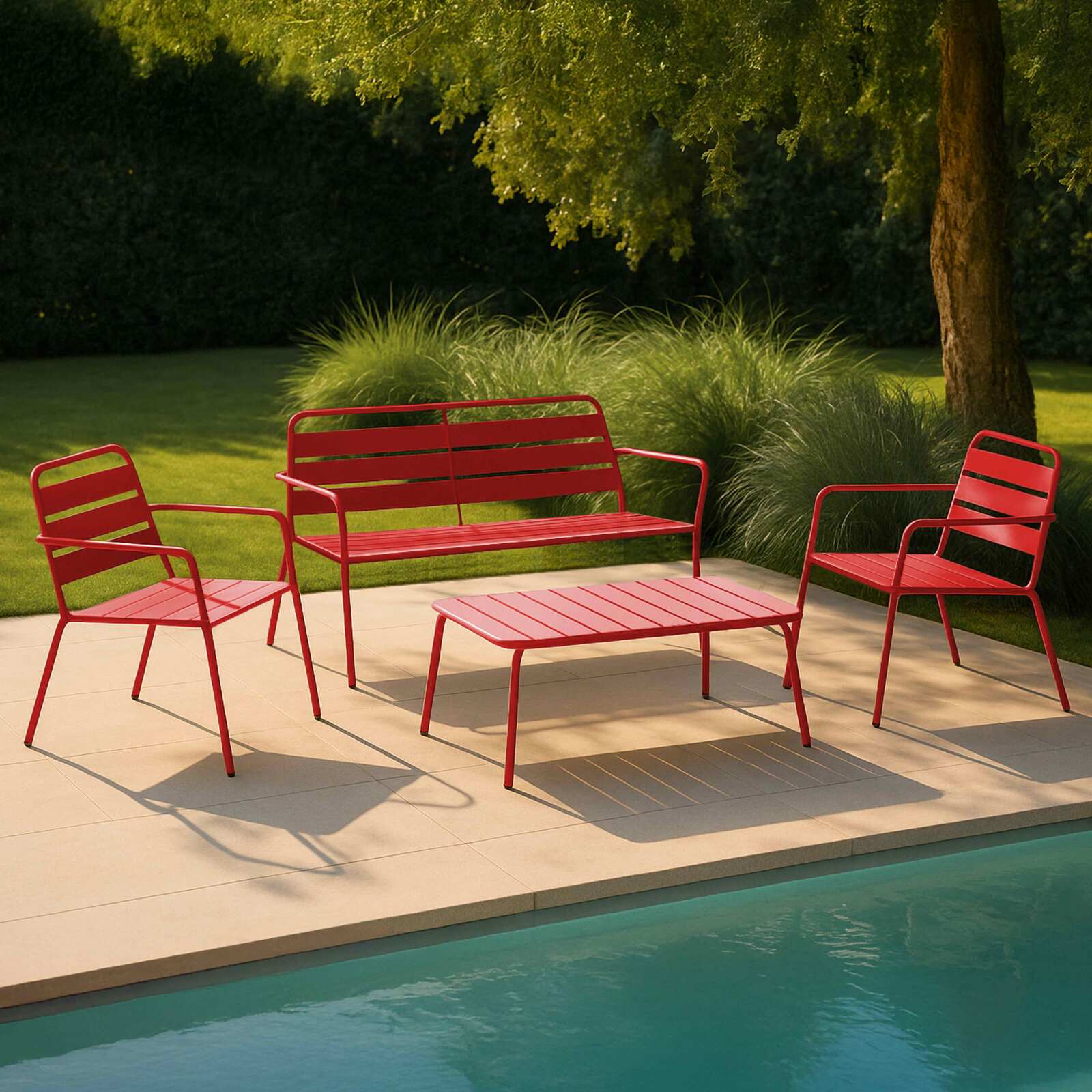 Salon de jardin 4 places en métal, 1 table basse, 2 fauteuils, 1 canapé