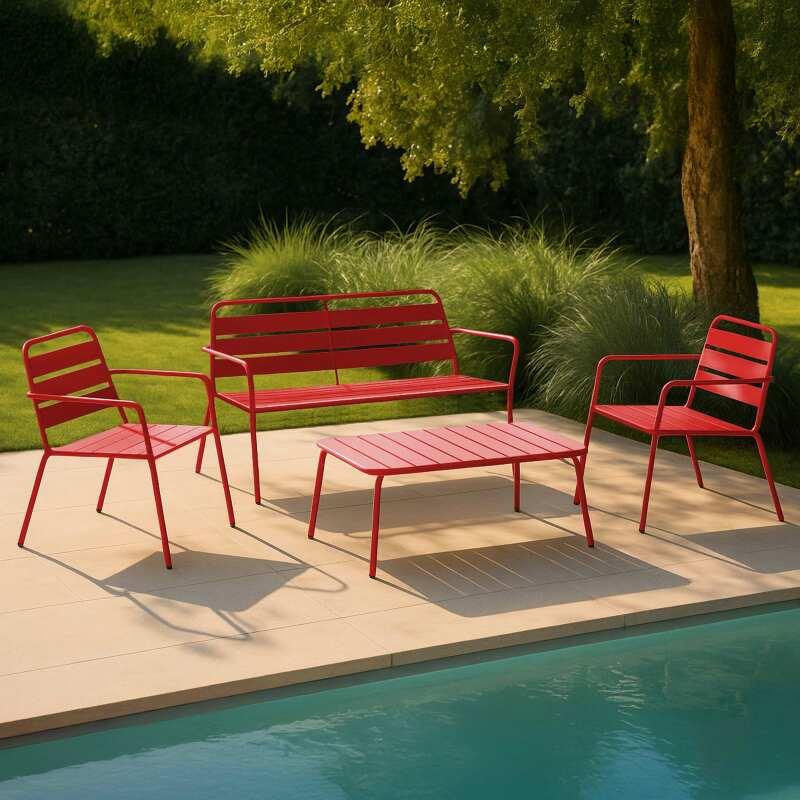 Salon de jardin 4 places en métal, 1 table basse, 2 fauteuils, 1 canapé